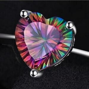 925 Sterling Silver Heart Rainbow Crystal Ring Size 9 Platinum Plated New